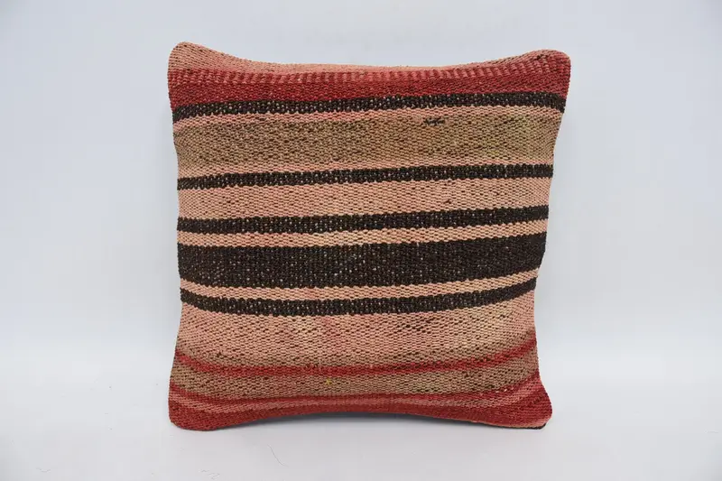 Turkish Antique Pillow, Red 14x14 inch Cushion Case, Guest Room Striped Cushion Cover - 1