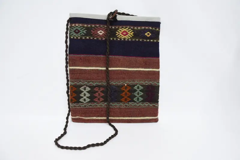 Rave スタイル ウール キリム バッグ ヴィンテージ モチーフ付き、ジッパー開閉ショルダーバッグ