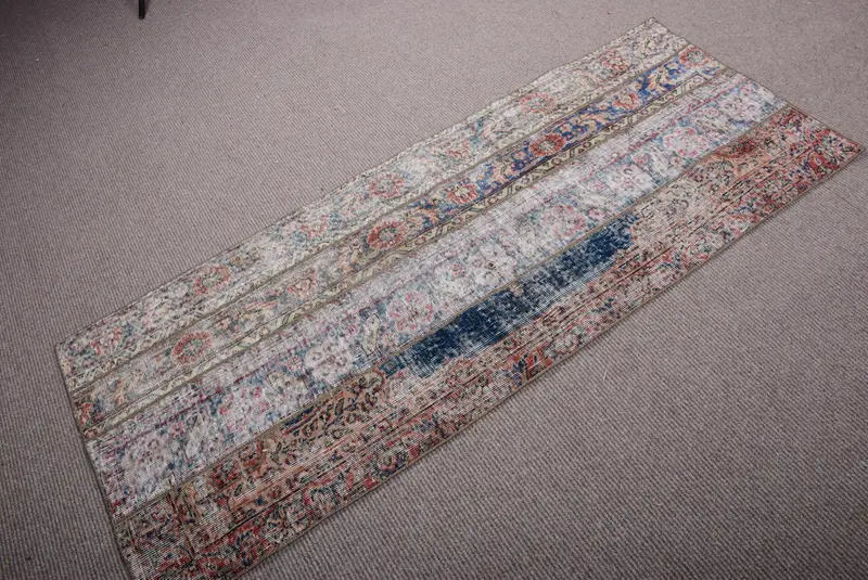 Turkish Vintage Oushak Rug 2.5x6.3 ft, Blue Runner Abstract Wool Rug - 1