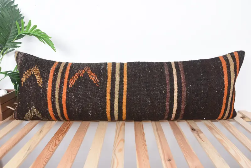 Vintage Kilim Pillow, Authentic Cushion, Lounge Throw Cushion Case, 16x48 Brown Pillow Sham, Kilim Cushion Sham, Pillow Cover, Boho Pillow - 1
