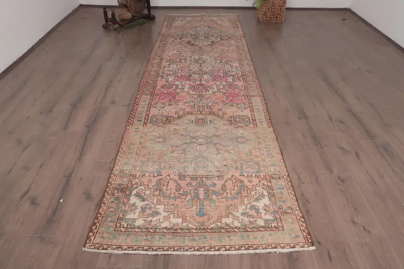 Türkischer Läuferteppich, 3,4 x 12,4 Fuß Vintage-Teppich, blauer Oushak-Wollteppich - 1