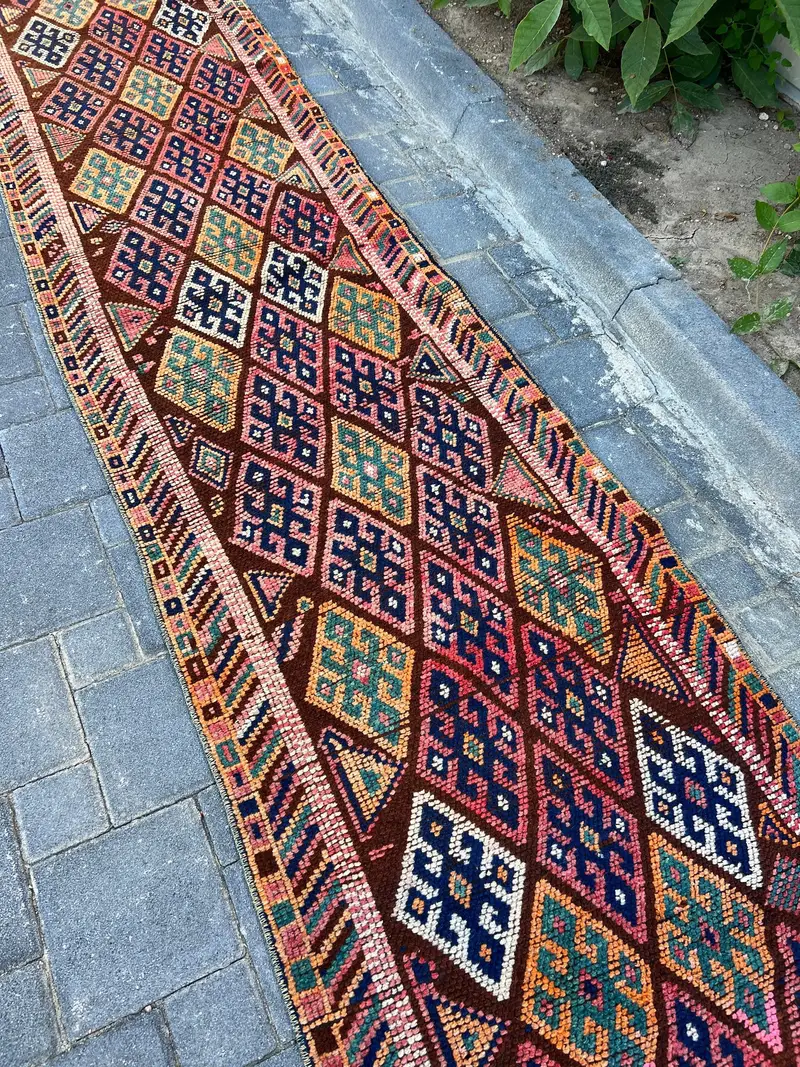 2.6x11.7 ft Runner Vintage Rug, Blue Animal Print Turkish Rug - 1