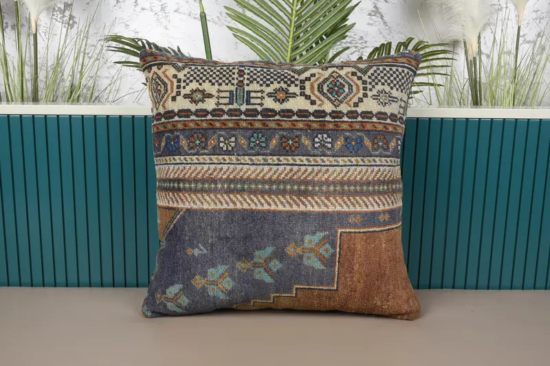 Vintage 20x20 inç Yastık, Bej Fas Yastık Kılıfı - 1