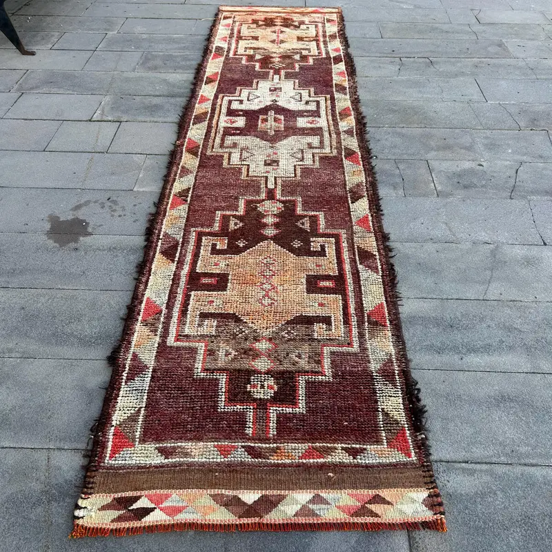 Vintage Runner Rug 3x12.3 ft, Marrón Rojo Alfombra Marroquí Lana - 1