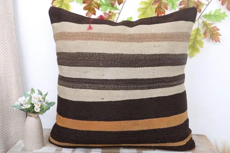 Pillow, Boho Pillow Sham Cover, Colorful Pillow Sham, Throw Kilim Pillow, Handmade Kilim Cushion, 24x24 Brown Pillow Case, Retro Throw Pillow Sham - 2