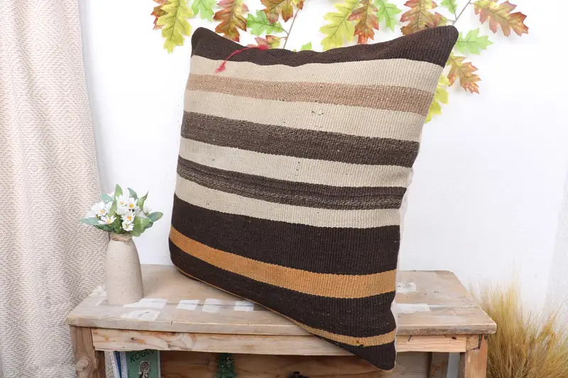 Pillow, Boho Pillow Sham Cover, Colorful Pillow Sham, Throw Kilim Pillow, Handmade Kilim Cushion, 24x24 Brown Pillow Case, Retro Throw Pillow Sham - 4
