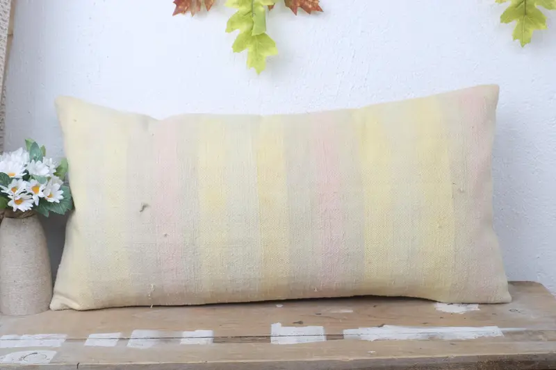 Turkish Kilim Pillow, Pillow Sham, Pillow for Sofa, Throw Kilim Pillow, Pastel Pillow Sham, 12x24 Yellow Pillow Sham - 2