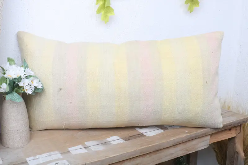 Turkish Kilim Pillow, Pillow Sham, Pillow for Sofa, Throw Kilim Pillow, Pastel Pillow Sham, 12x24 Yellow Pillow Sham - 4