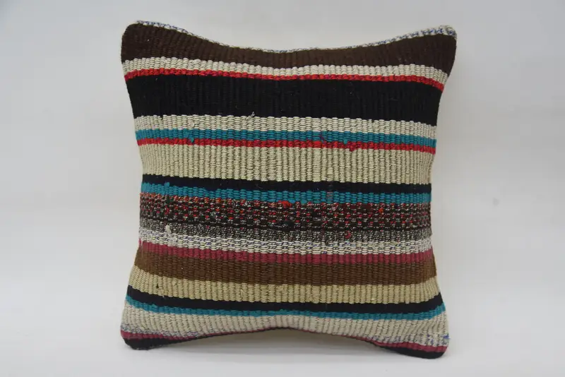Turkish Kilim Pillow, Ethnical Kilim Rug Pillow, Vintage Kilim Throw Pillow, 12x12 Beige Pillow Sham, Cushion Case, Handmade Pillow Cover - 1