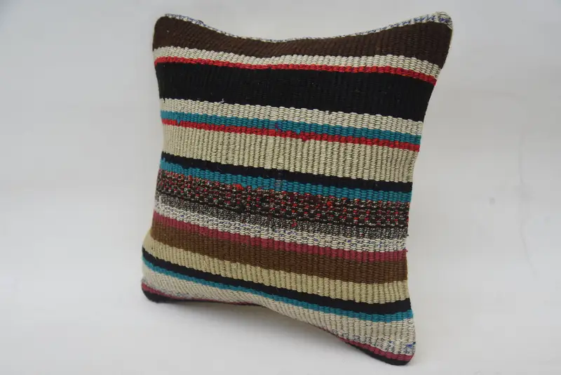 Turkish Kilim Pillow, Ethnical Kilim Rug Pillow, Vintage Kilim Throw Pillow, 12x12 Beige Pillow Sham, Cushion Case, Handmade Pillow Cover - 3