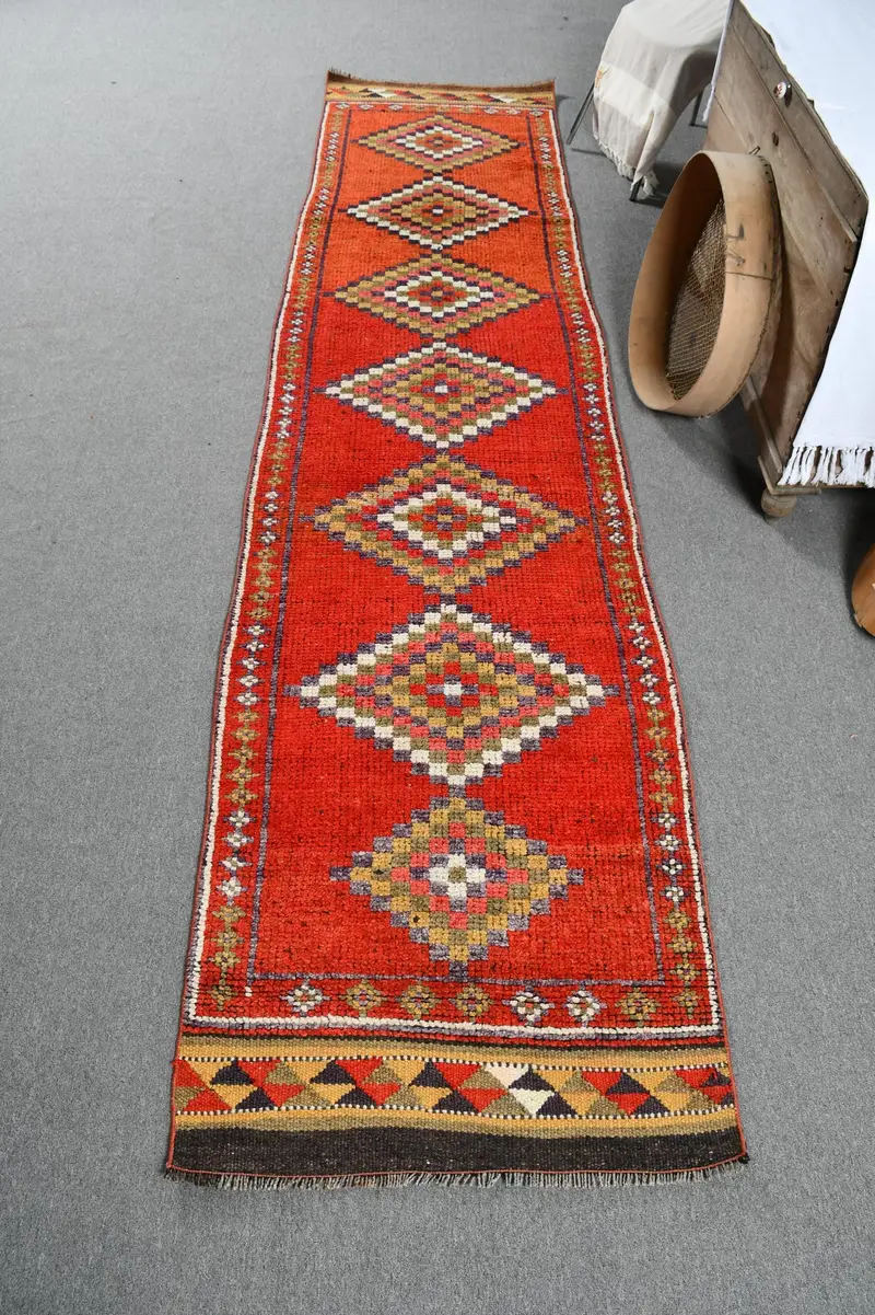 Turkish Vintage Runner Rug 2.7x11.5 ft, Red Brown Camouflage Wool Rug - 1