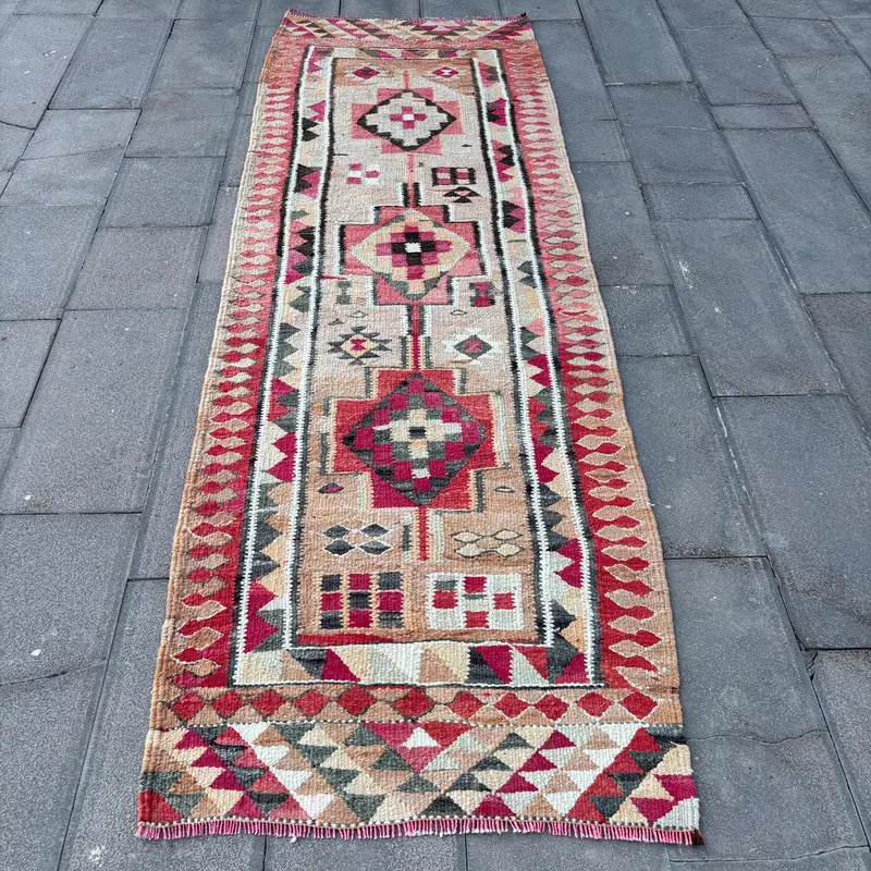 Red Geometric Rug, 2.9x9.4 ft with Brown Floral Motifs