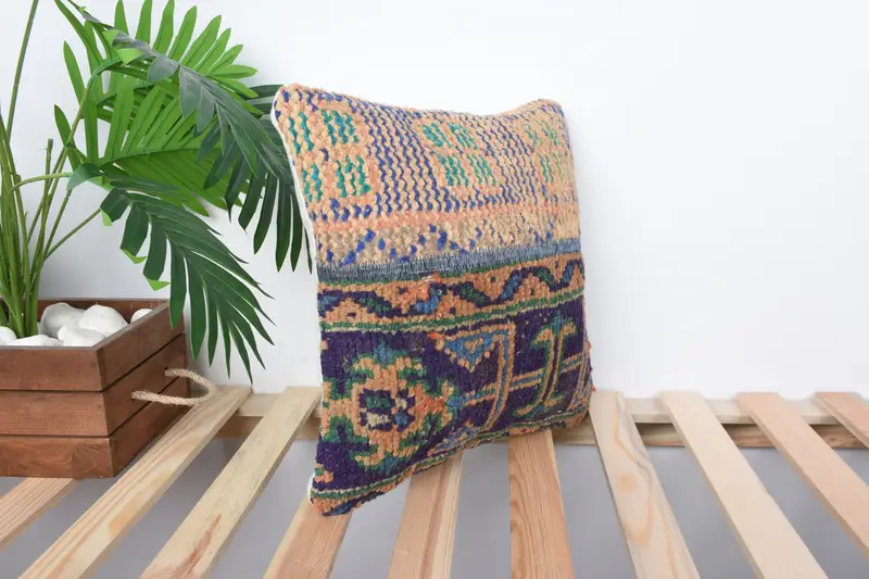 Kilim Pillow, Armchair Cushion, 14x14 Blue Cushion Case, Kilim Pillow Cover, Pillow Sham, Anatolian Cushion Case, Art Deco Pillow Sham, Boho Pillow - 4