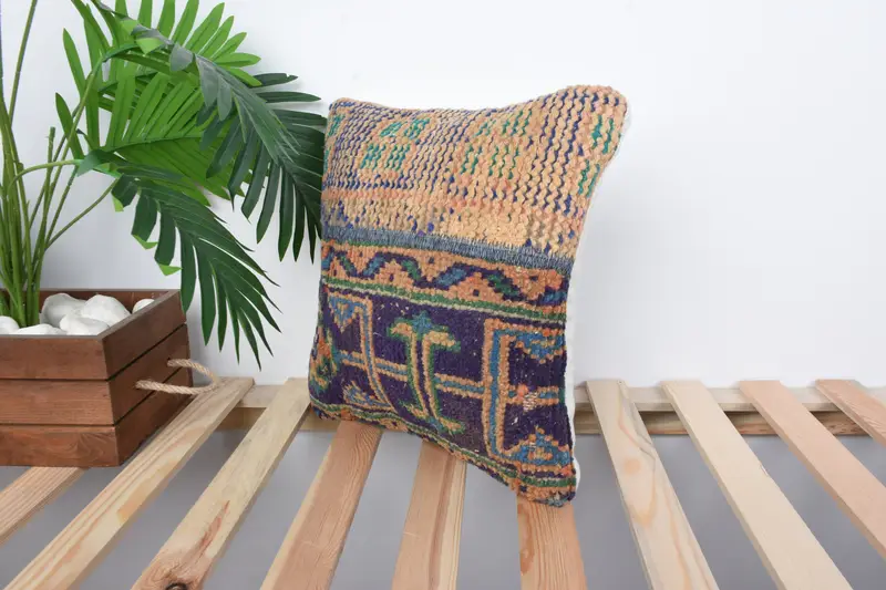 Kilim Pillow, Armchair Cushion, 14x14 Blue Cushion Case, Kilim Pillow Cover, Pillow Sham, Anatolian Cushion Case, Art Deco Pillow Sham, Boho Pillow - 5