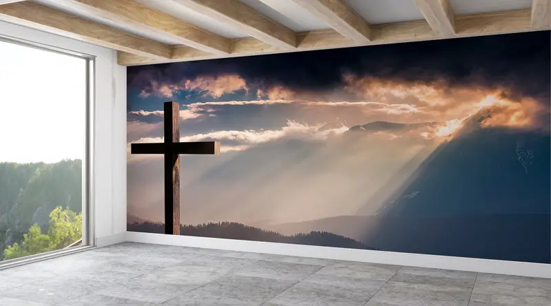 Sacred Serenity: Çapraz Manzara ve Kefaret Temalı Baskılı Duvar Kağıdı