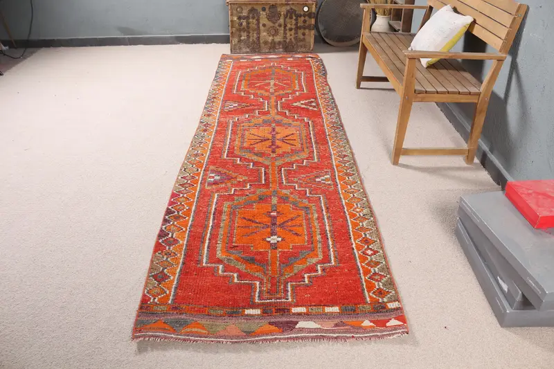 Canlı 3,2x11 ft Halı, Kırmızı Desenli Düz Turuncu