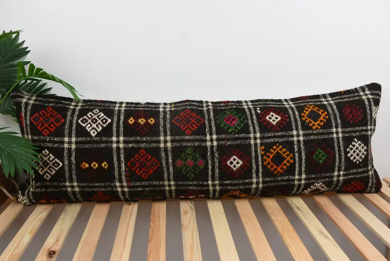 Vintage Pillow, Ethnical Kilim Rug Pillow, Turkish Pillow, Boho Chic Pillow, Cushion Case, Pillow for Sofa, 16x48 Brown Pillow Cover - 1