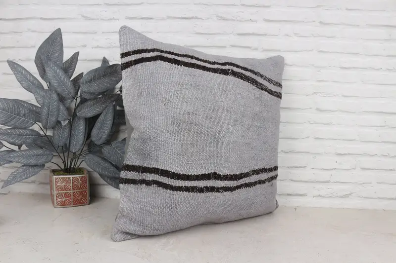Cushion Case, Handmade Kilim Cushion, Throw Kilim Pillow, Comfy Throw Pillow, 24x24 Gray Cushion, Interior Designer Pillow - 3