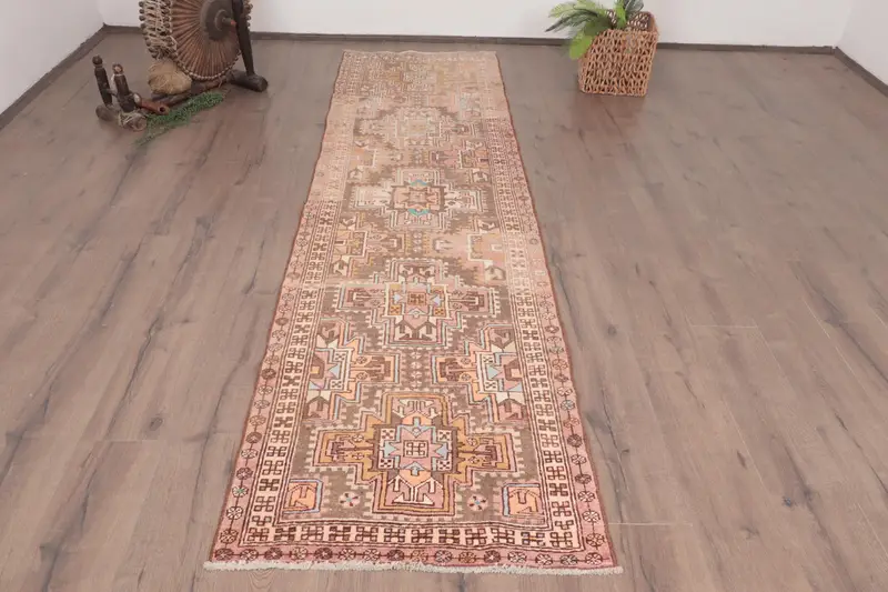 Turkish Vintage Runner Rug 2.6x9.7 ft, Brown Red Animal Print Rug - 1