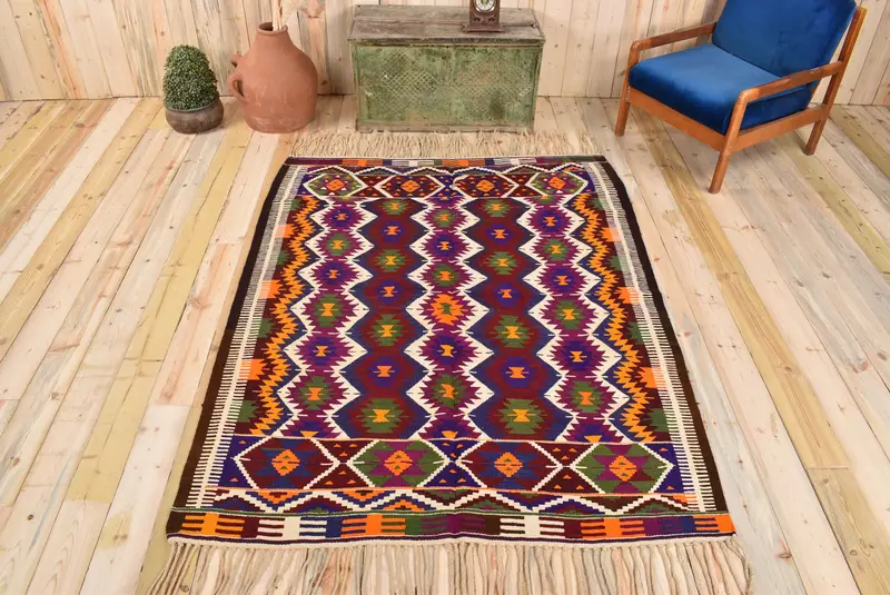 Mor & Mavi İkat Halı, 5,2x6,6 ft Zarif Dekor