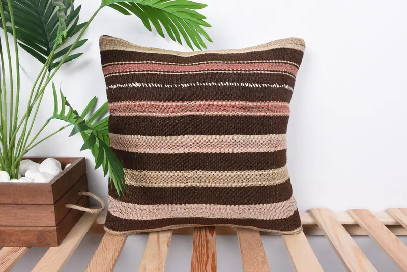 Gift Pillow, Outdoor Bolster Cushion Cover, Ethnical Kilim Rug Pillow, Turkish Pillow, Cotton Pillow Cover, Pillow Sham, 16x16 Brown Pillow Sham - 1
