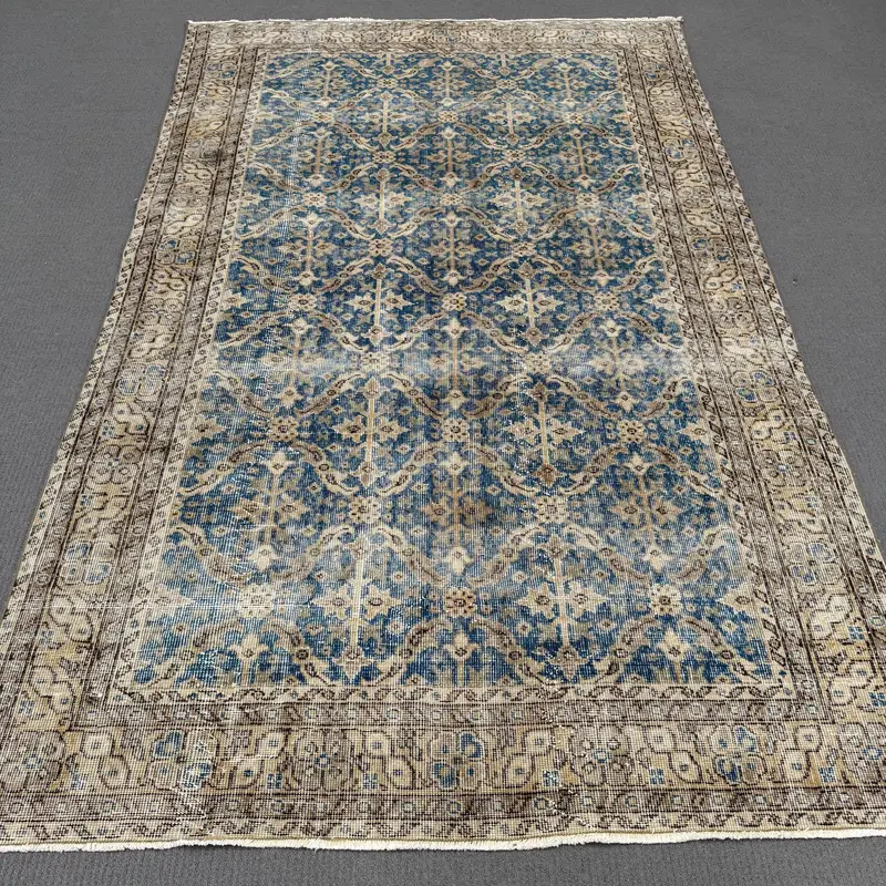 Blue Persian Rug, 0.5x8.8 ft Elegant Blue & Beige