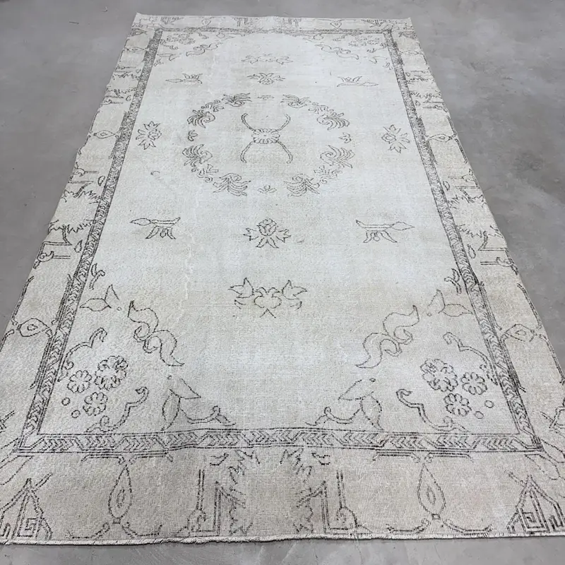 Turkish Vintage Rug, Large 6.2x11.2 ft (190x340 cm) Rug, White Camouflage Wool Rug - 1
