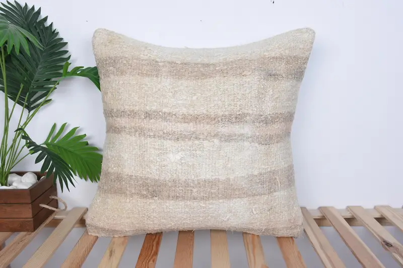Bed Pillow Case, Interior Designer Pillow, Pillow, Handmade Kilim Cushion, Authentic Pillow Cover, Throw Kilim Pillow, 24x24 Beige Pillow Cover - 1