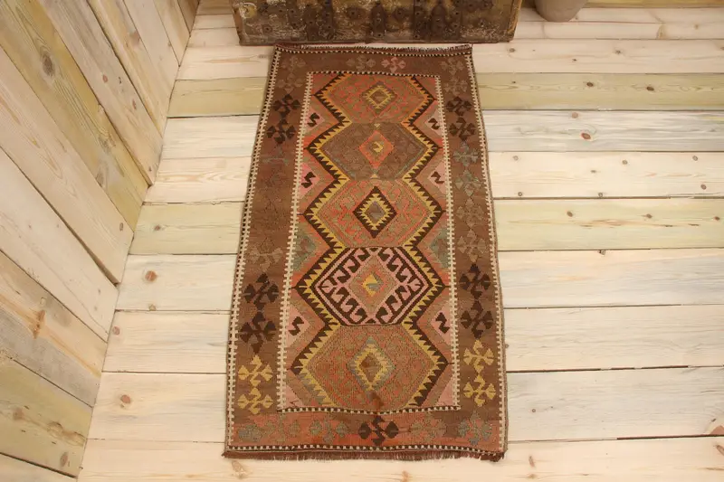 ハンドメイド 0.2x3.6 フィート ラグ、ブラウン & イエローの植物柄