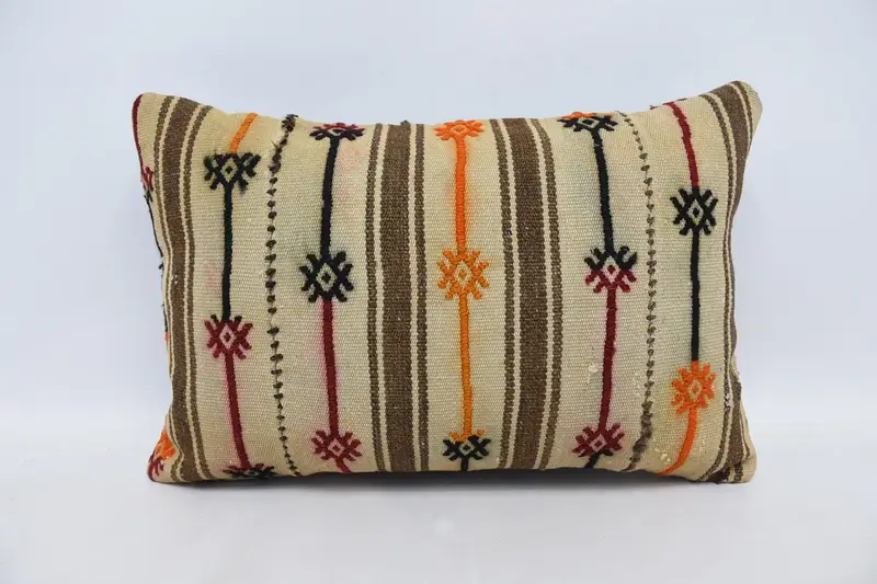Cushion Case, Antique Pillows, Ethnical Kilim Rug Pillow, Handmade Kilim Cushion, 16x24 Beige Cushion Case, Nautical Throw Pillow Case - 1