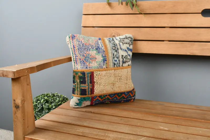 Boho Pillow, Muted Cushion Cover, Turkish Kilim Pillow, Cushion Case, 12x12 Blue Cushion Case, Pillow for Couch, Customized Pillow Sham - 1