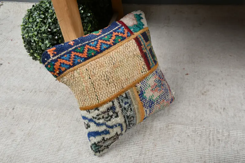 Boho Pillow, Muted Cushion Cover, Turkish Kilim Pillow, Cushion Case, 12x12 Blue Cushion Case, Pillow for Couch, Customized Pillow Sham - 7