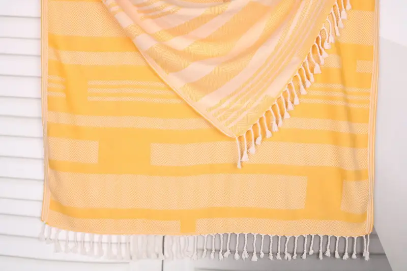 Beach Towel Dark Yellow Cotton Chevron, 38x67 Inches