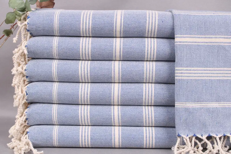 Embroidered Dish Towel, Cotton Woven Sax Blue Striped, 24x38 Inches