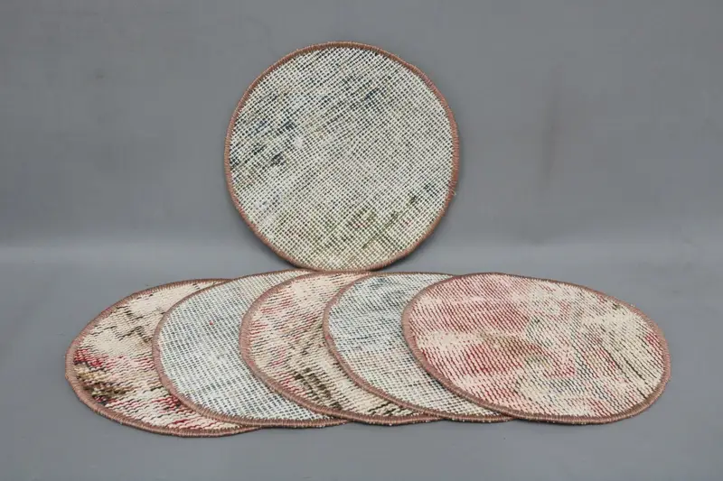 Minimalistische böhmische Kreis-Tischsets, blaues und beiges Baumwollwolldekor