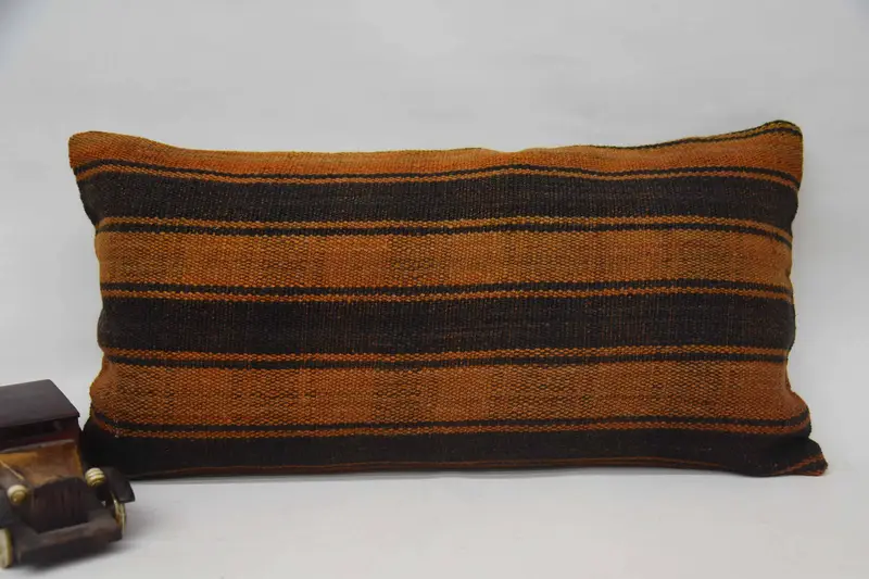 Turkish Striped Rectangle Euro Sham, Moroccan 12x24 inch Orange Holiday Gift Wool Pillow - 1