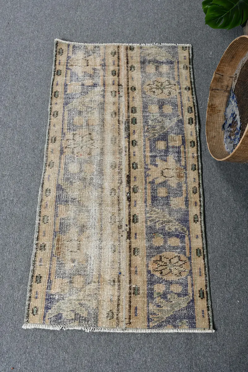 Zarif Bej ve Mavi Halı, 1,9x3,7 ft Botanik Tasarım