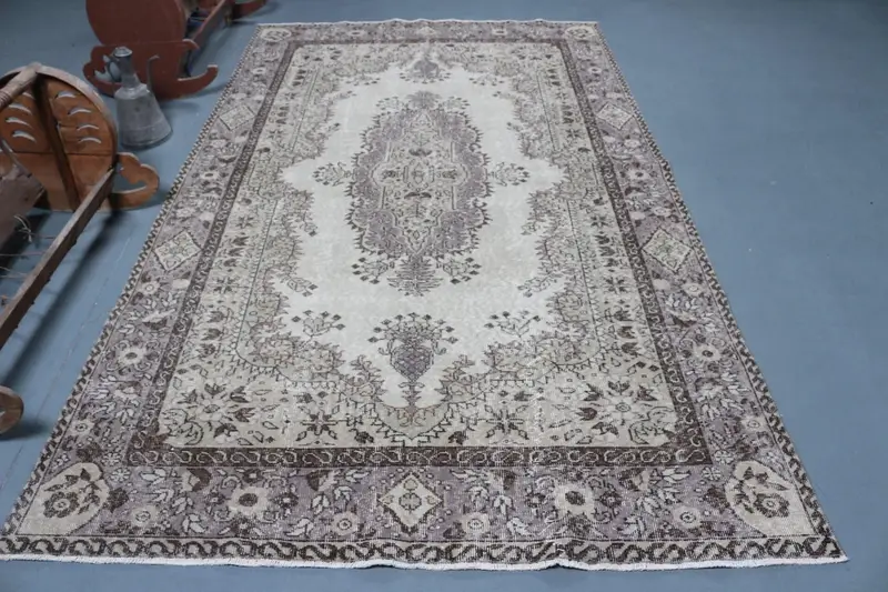 5.7x9.6 ft Vintage Türk Halısı, Büyük Halı, Kahverengi Gri İkat Yün Halı - 1