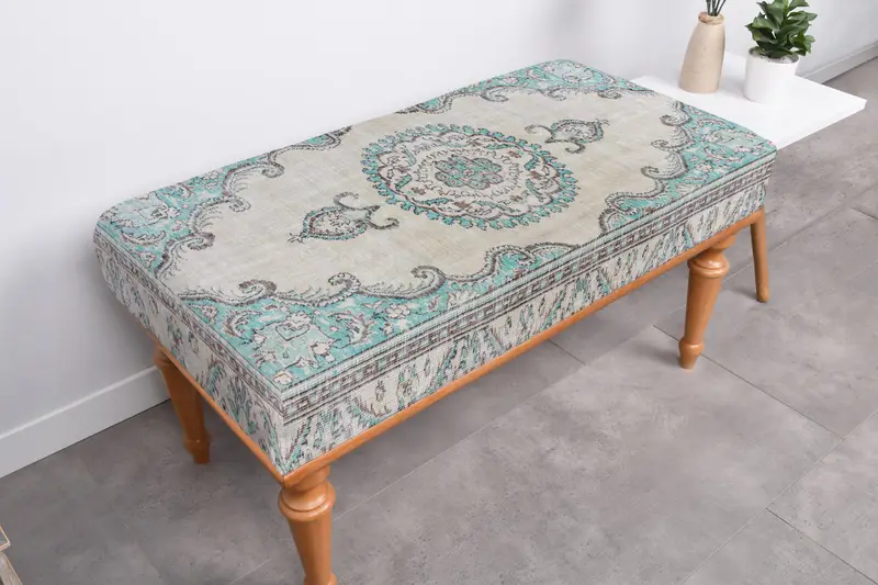 Blue & Gray Wool Bench with Storage, Solid Wood Bench