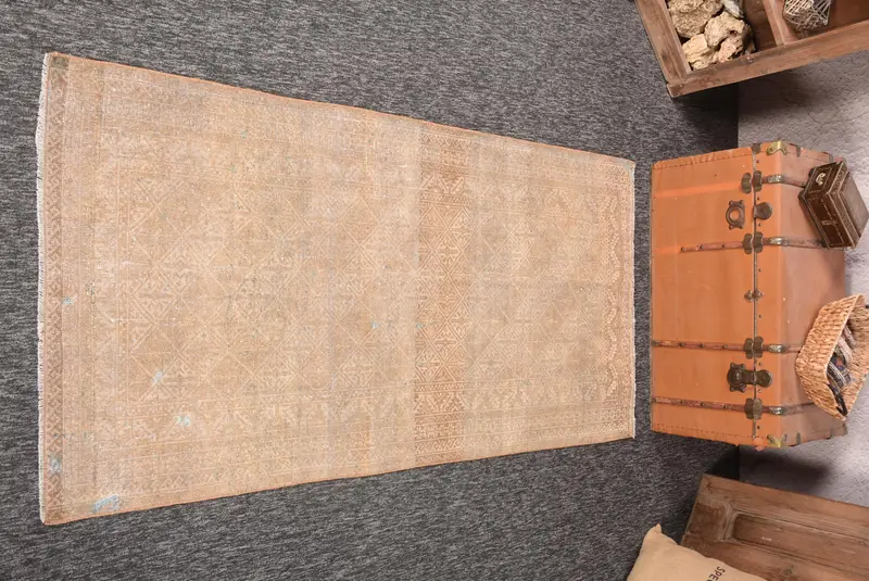 Vintage 3.2x6.6 ft Accent Halı, Türk Halısı, Oushak Kahverengi Geometrik Halı - 1