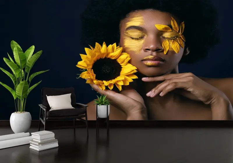 Elegante bedruckte Tapete: Afrikanische Frau, Sonnenblume, abstrakte Schönheit