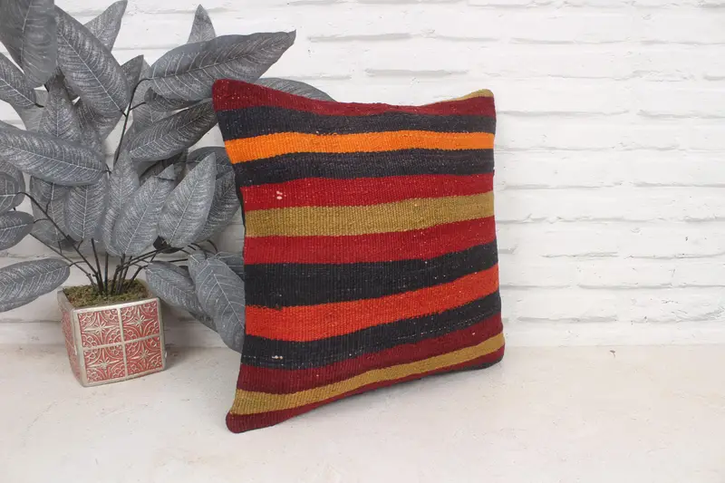 Handmade Kilim Cushion, Couch Pillow Sham, Cushion Cover, Boho Pillow, Nautical Throw Pillow Case, 16x16 Red Pillow Sham, Turkish Kilim Pillow - 3