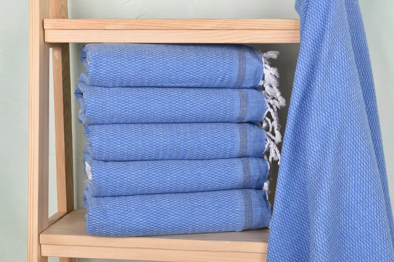 Turkish Beach Towel Sax Blue Cotton Chevron, 36x71 Inches