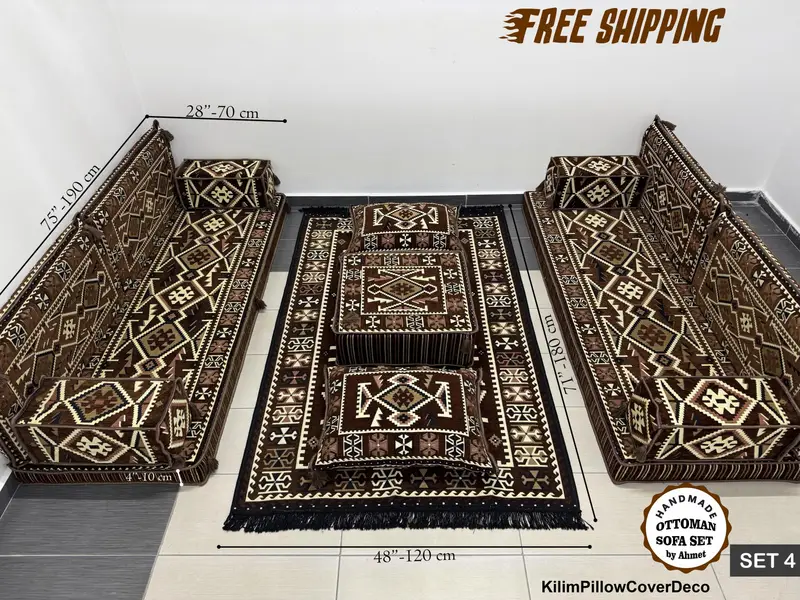 手作りのキリム風ウールプーフ、ブラウン & ブラック長方形オットマン