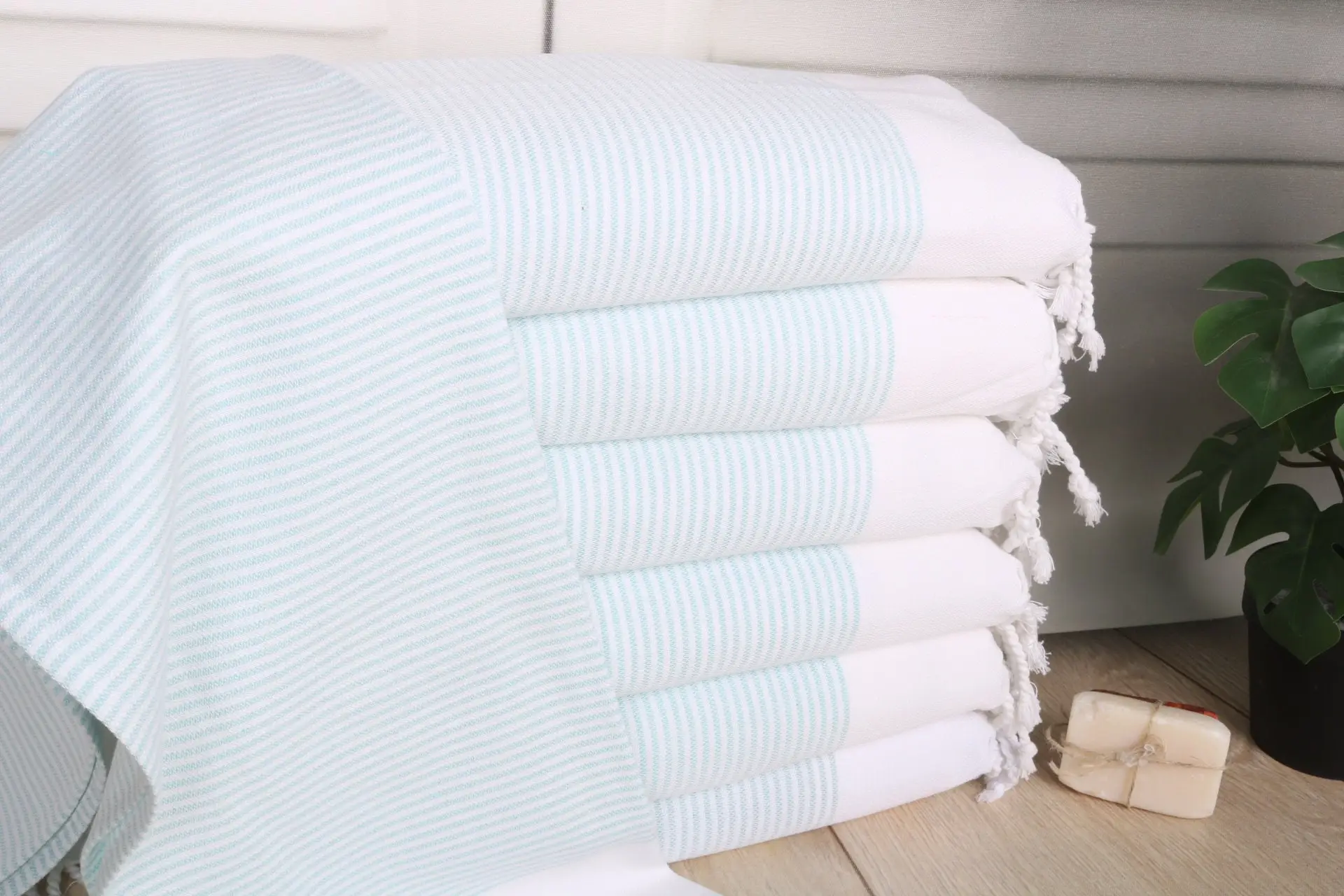 Striped Hand Towel Monogram Kitchen Towel Mint Cotton 18x40 Inches - 1