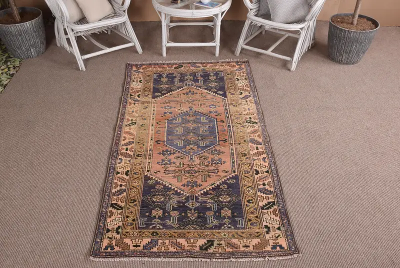 Vintage 3.3x6.5 ft Halı, Oushak Türk Halısı, Mavi Çizgili Halı Yün - 1