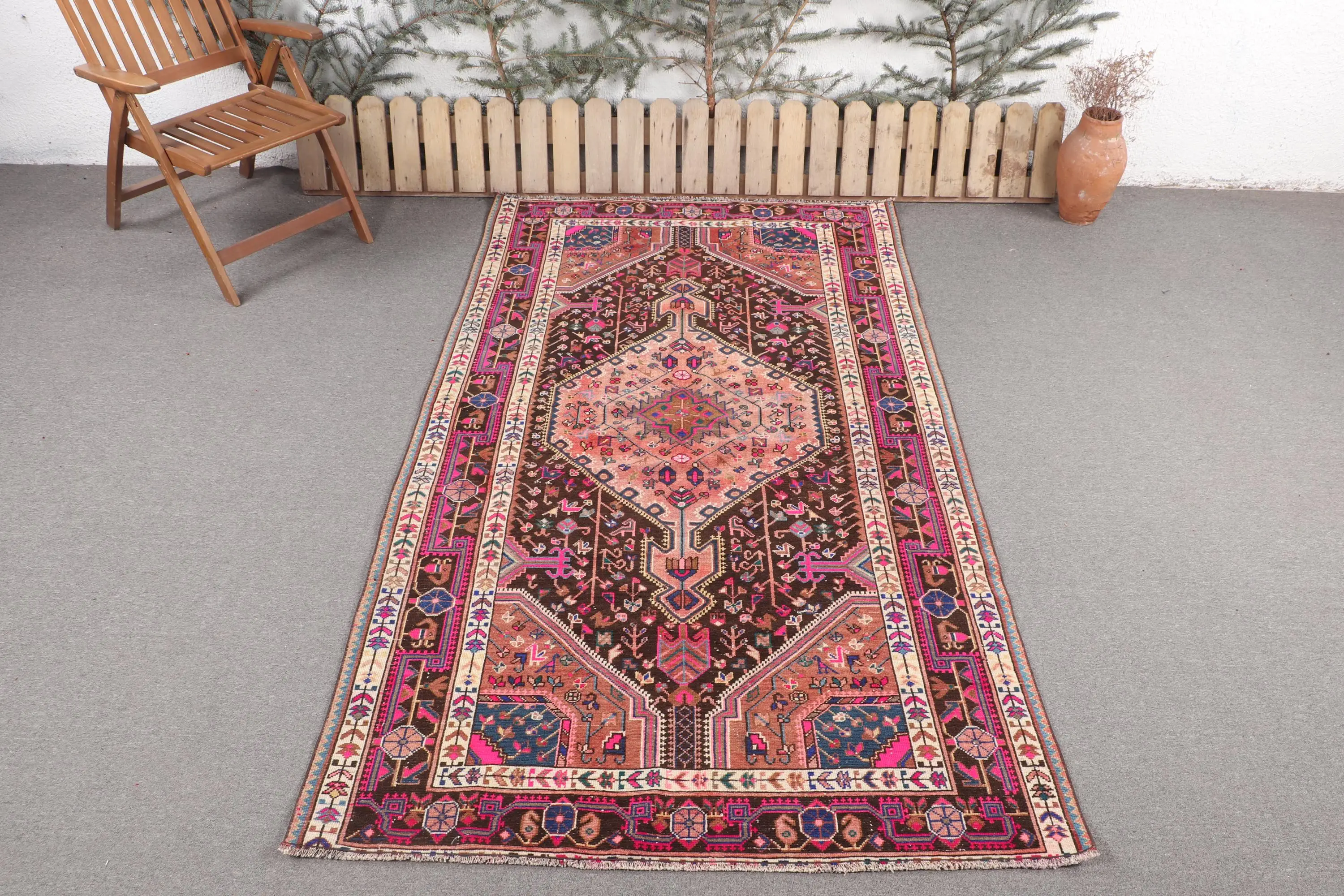 Turkish 4.7x8.1 ft Area Rug, Vintage Rug, Brown Floral Rug - 1