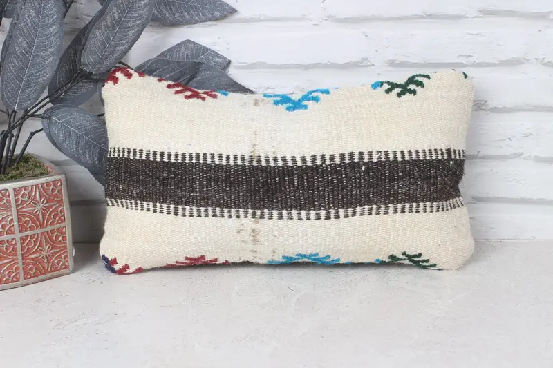 Pillow Case, 8x16 Beige Pillow, Ethnical Kilim Rug Pillow, Pillow for Sofa, Handwoven Pillow Cover Pillow, Kilim Cushion Sham - 1