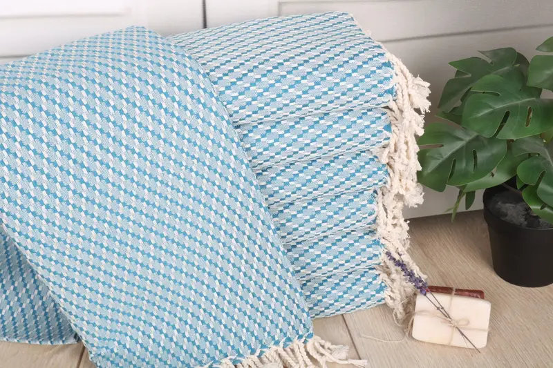 Beach Towel Petrol Blue Geometric Organic Cotton, 40x67 Inches