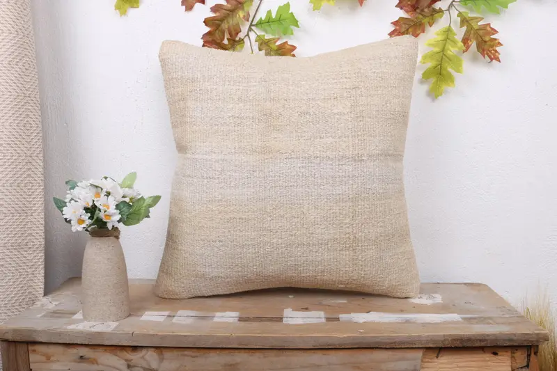 Turkish Pillow, Vintage Kilim Pillow, Living Room Throw Cushion Case, Pillow Case, Vintage Pillow, Sofa Pillow Sham, 18x18 Beige Cushion Cover - 1